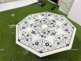 Coffee Table Top, White Marble table top with Lapis Lazuli Inlaid Floral Pietra dura  Art Home Decor Interior Unique Handicrafts IND